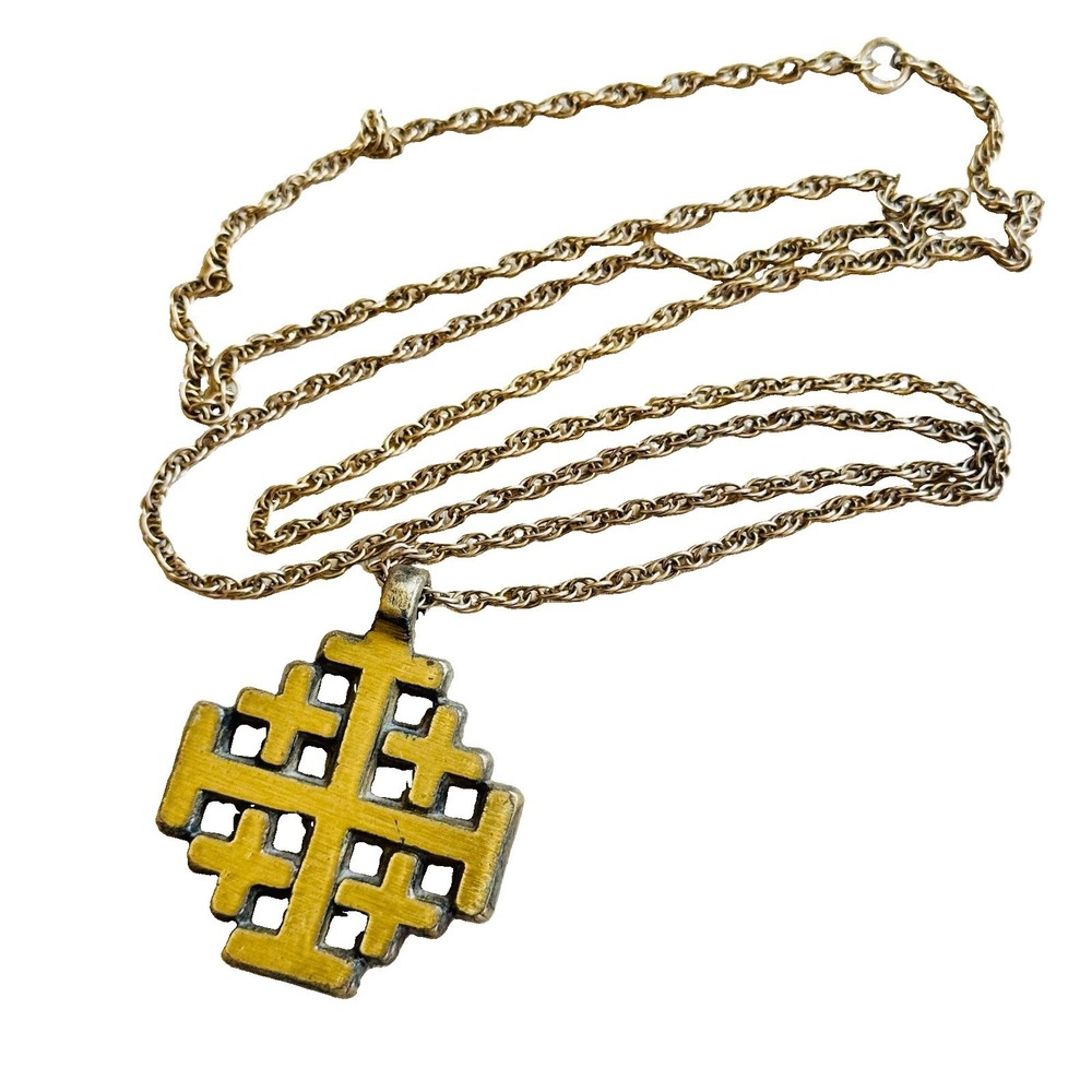 1969 TERRA SANCTA GUILD ISRAEL JERUSALEM CROSS MEDALLION NECKLACE Bronze VTG